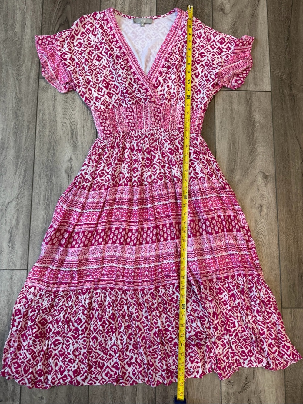 J. Gee- Pink Floral Patterned Bohemian V-Neck Smocked Waist Midi Dress (SP) - Picture 2 of 10